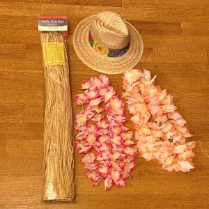 NWT Halloween Adult Luau Costume - Straw Hat, Raffia Hula Skirt & 6 Leis